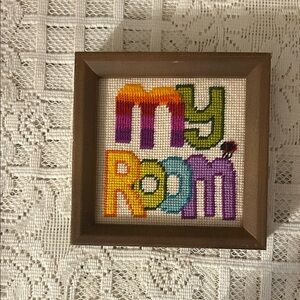 Handmade Vintage Framed Cross-Stitch “My Room” Wall Art